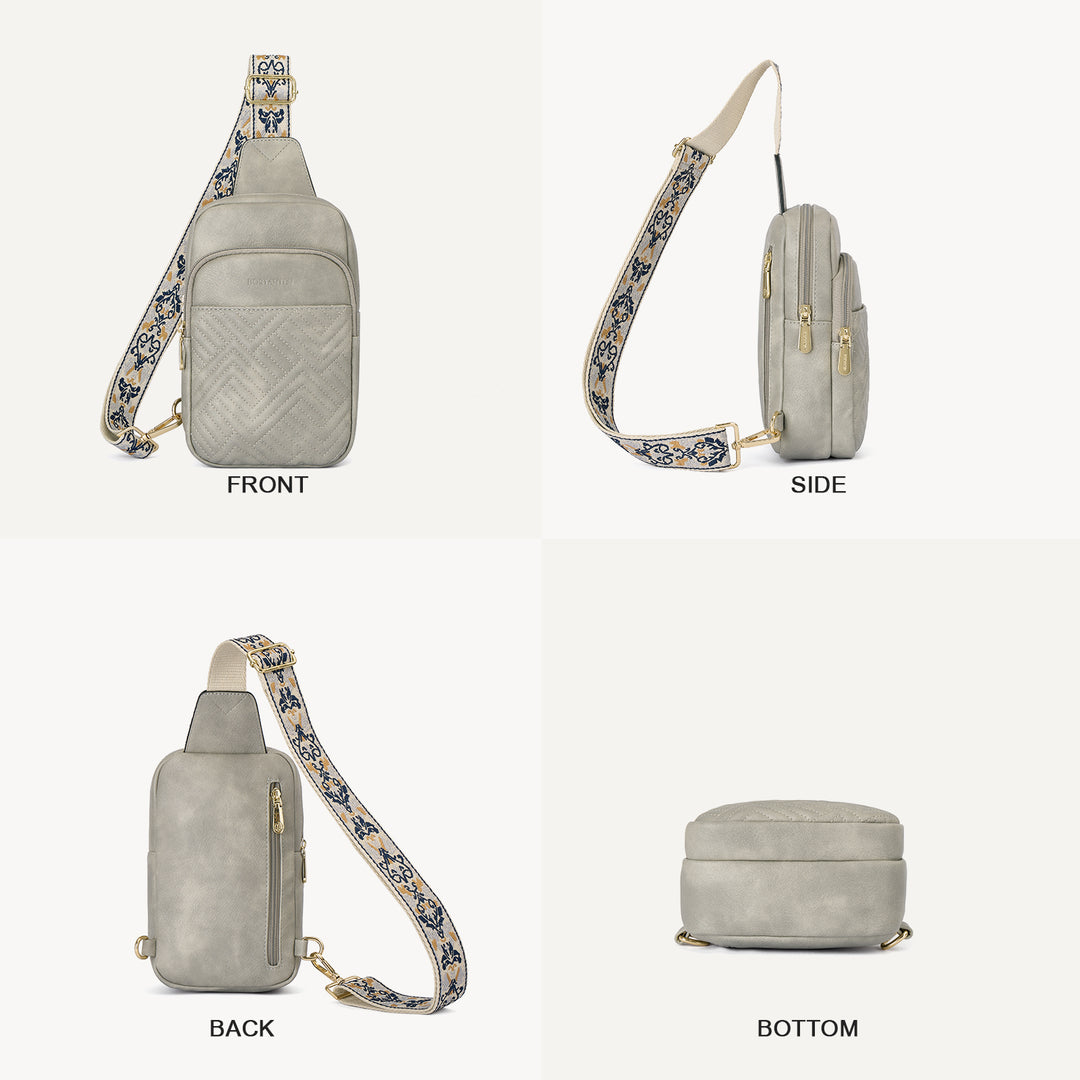 Aurora Chevron Quilted Embroidered Strap Sling Bag
