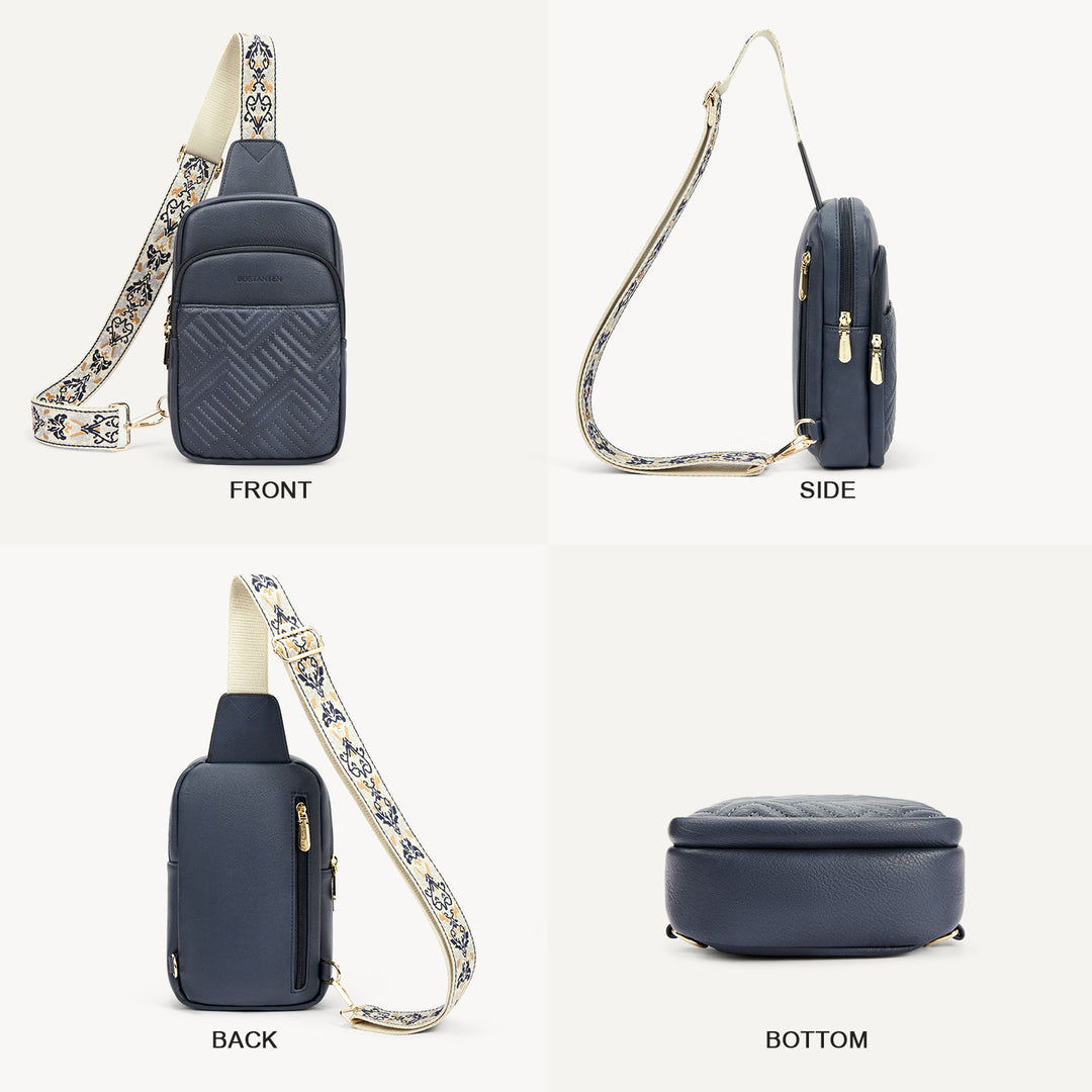 Aurora Chevron Quilted Embroidered Strap Sling Bag
