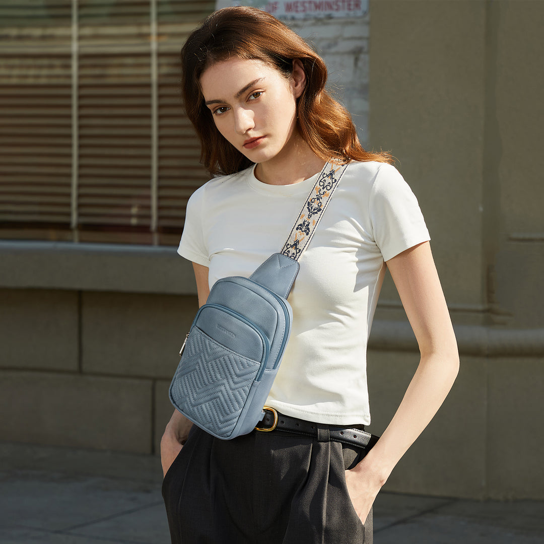 Aurora Chevron Quilted Embroidered Strap Sling Bag