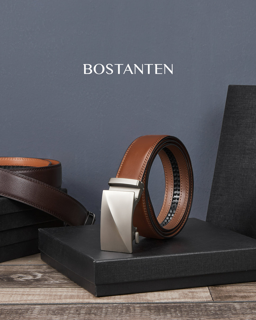 BOSTANTEN Ratchet Leather Belt For Men with Adjustable Buckle, Trim to Fit — All Brown