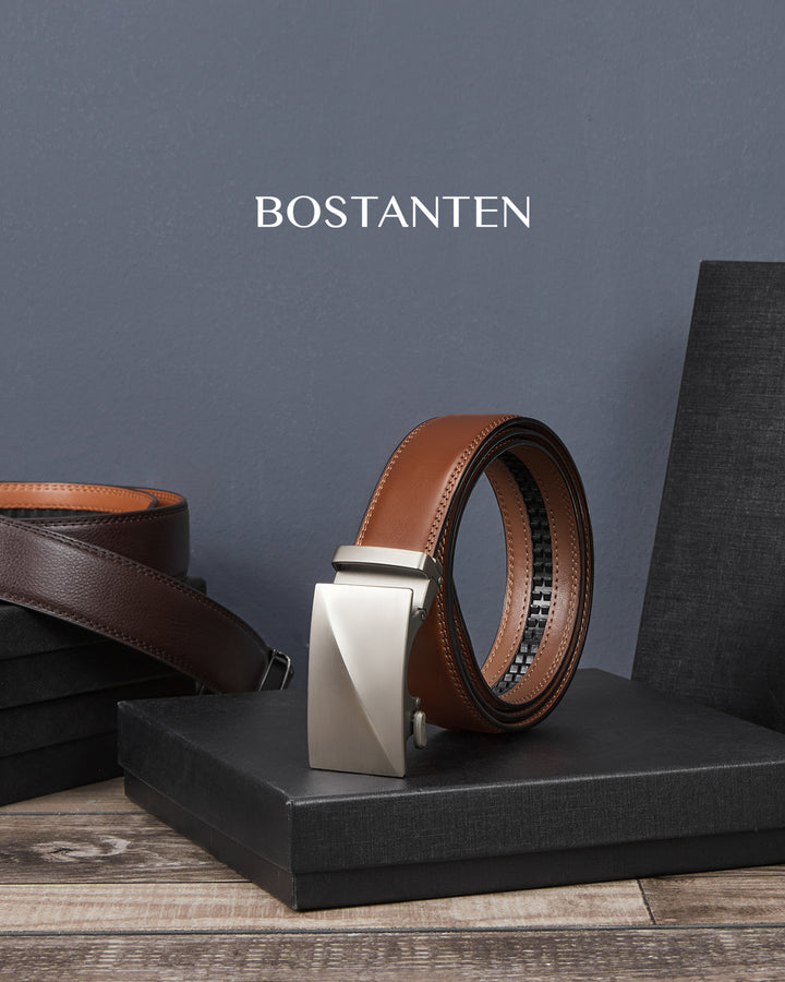 BOSTANTEN Ratchet Leather Belt For Men with Adjustable Buckle, Trim to Fit — All Brown