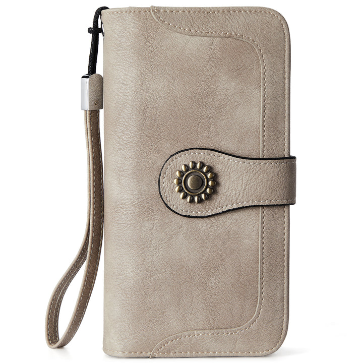 Lomy Sunflower Clasp Large Leather Wristlet Clutch For Women