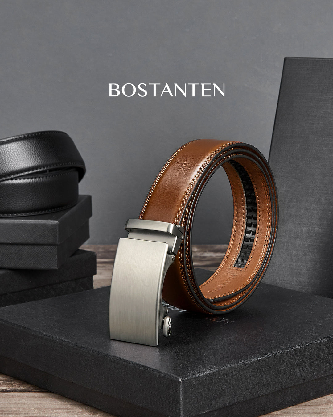 BOSTANTEN Ratchet Leather Belt For Men with Adjustable Buckle, Trim to Fit — All Brown