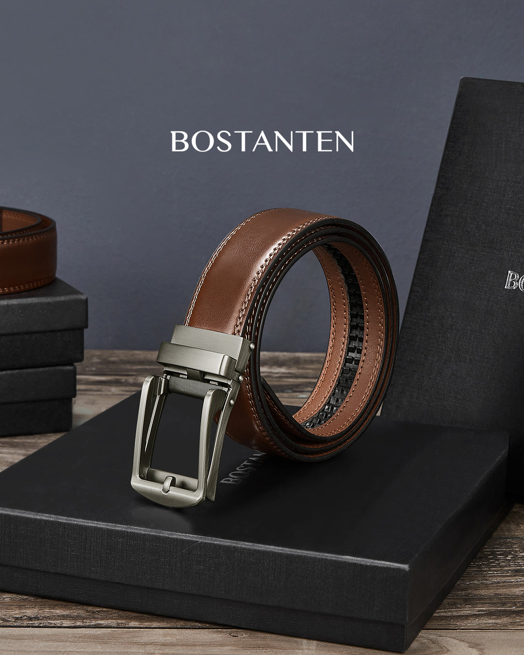 BOSTANTEN Ratchet Leather Belt For Men with Adjustable Buckle, Trim to Fit —Skeleton