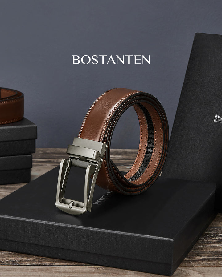 BOSTANTEN Ratchet Leather Belt For Men with Adjustable Buckle, Trim to Fit —Skeleton