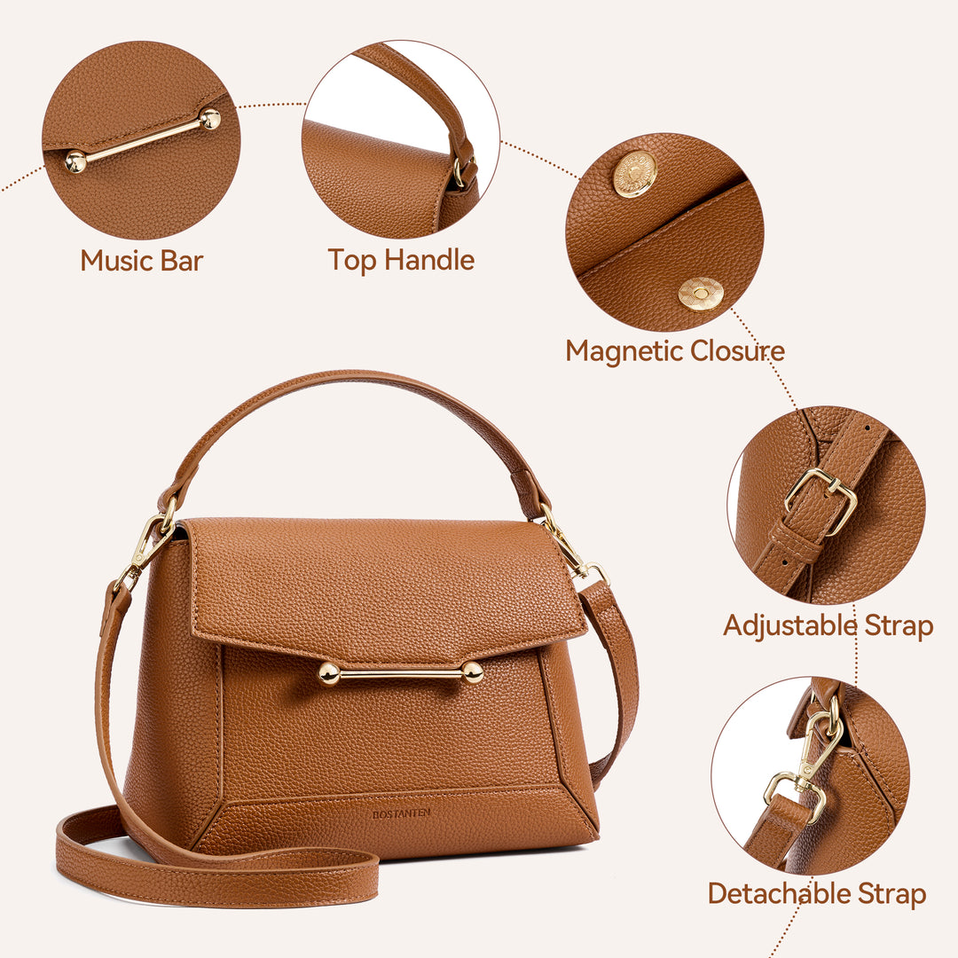 Nevin Small Top Handle Leather Crossbody Satchel with Flap