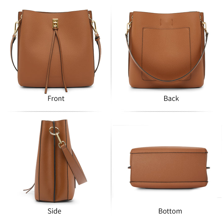 Lotty Tasseled Grained Leather Medium Bucket Bag