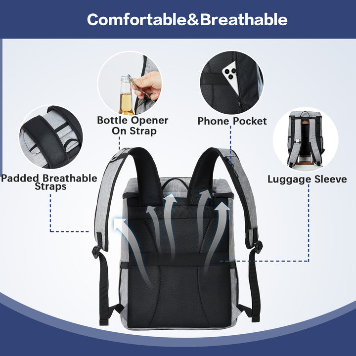 Backpack Cooler - 30 Cans Leakproof Insulated Cooler Backpack with Trolley Sleeve, Lightweight Soft Cooler Bag