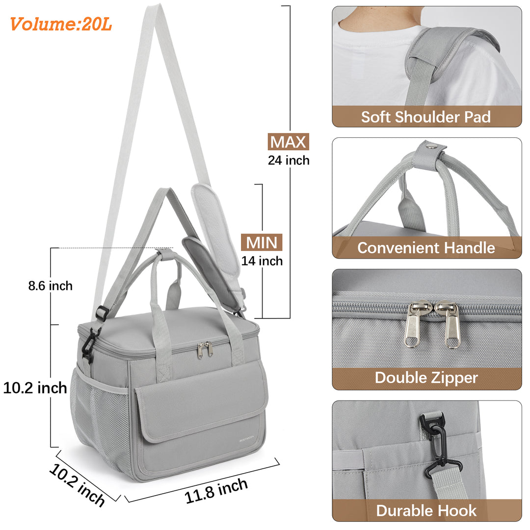Cooler Bag, 30 Cans 20L Collapsible Soft Cooler Bag, Leakproof Beach Cooler Bag Portable Ice Chest with Bottle Opener, Insulated Lunch Bag for Picnic, Beach, Camping, Travel, Work, Grey