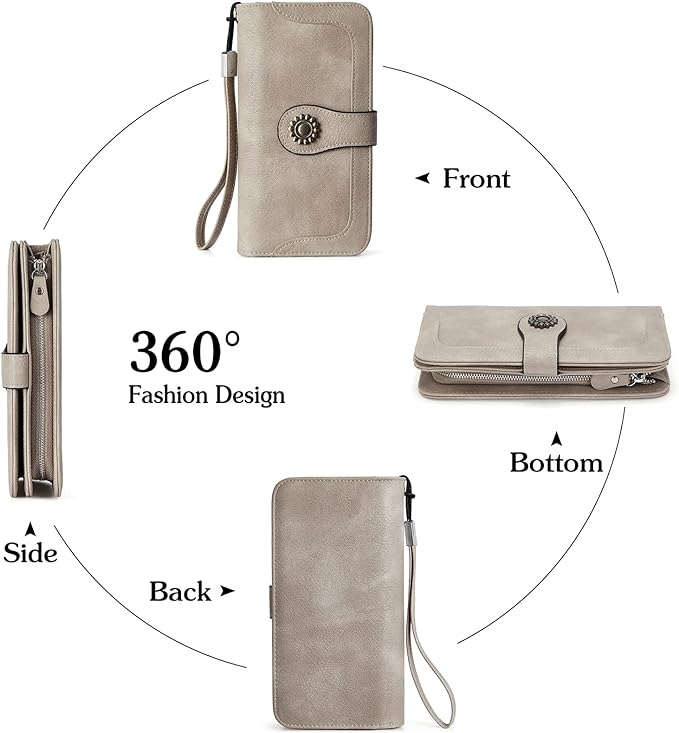 Lomy Sunflower Clasp Large Leather Wristlet Clutch For Women