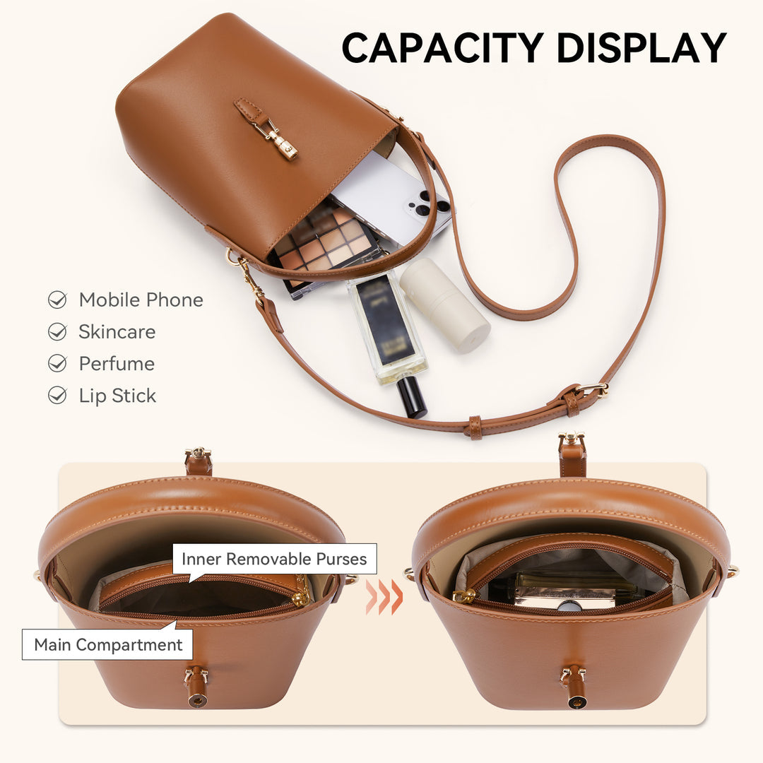 Lotty Soft Leather Chic Bucket Bag — Brown