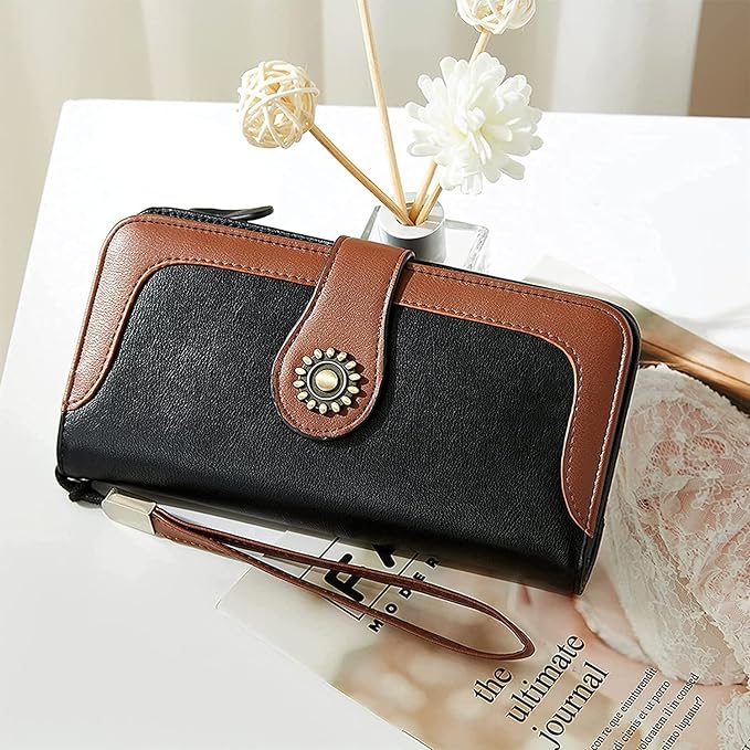 Lomy Sunflower Clasp Large Leather Wristlet Clutch For Women