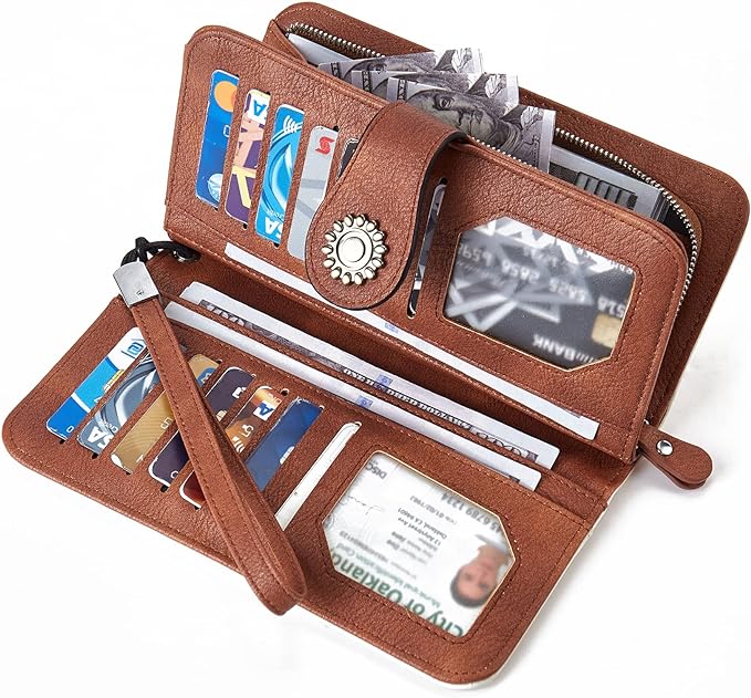 Lomy Sunflower Clasp Large Leather Wristlet Clutch For Women