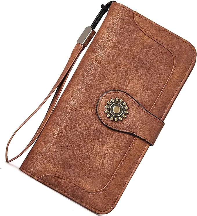 Lomy Sunflower Clasp Large Leather Wristlet Clutch For Women