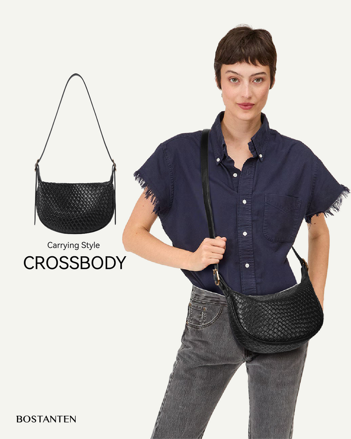 KWELI Woven Leather Half Moon Shoulder Bag