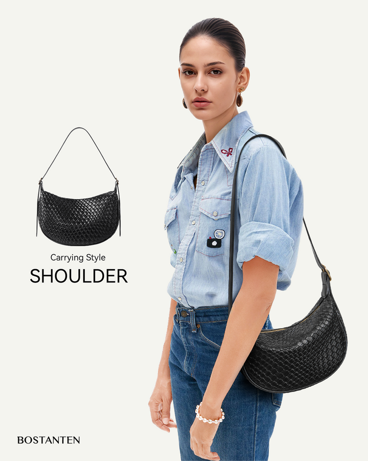 KWELI Woven Leather Half Moon Shoulder Bag