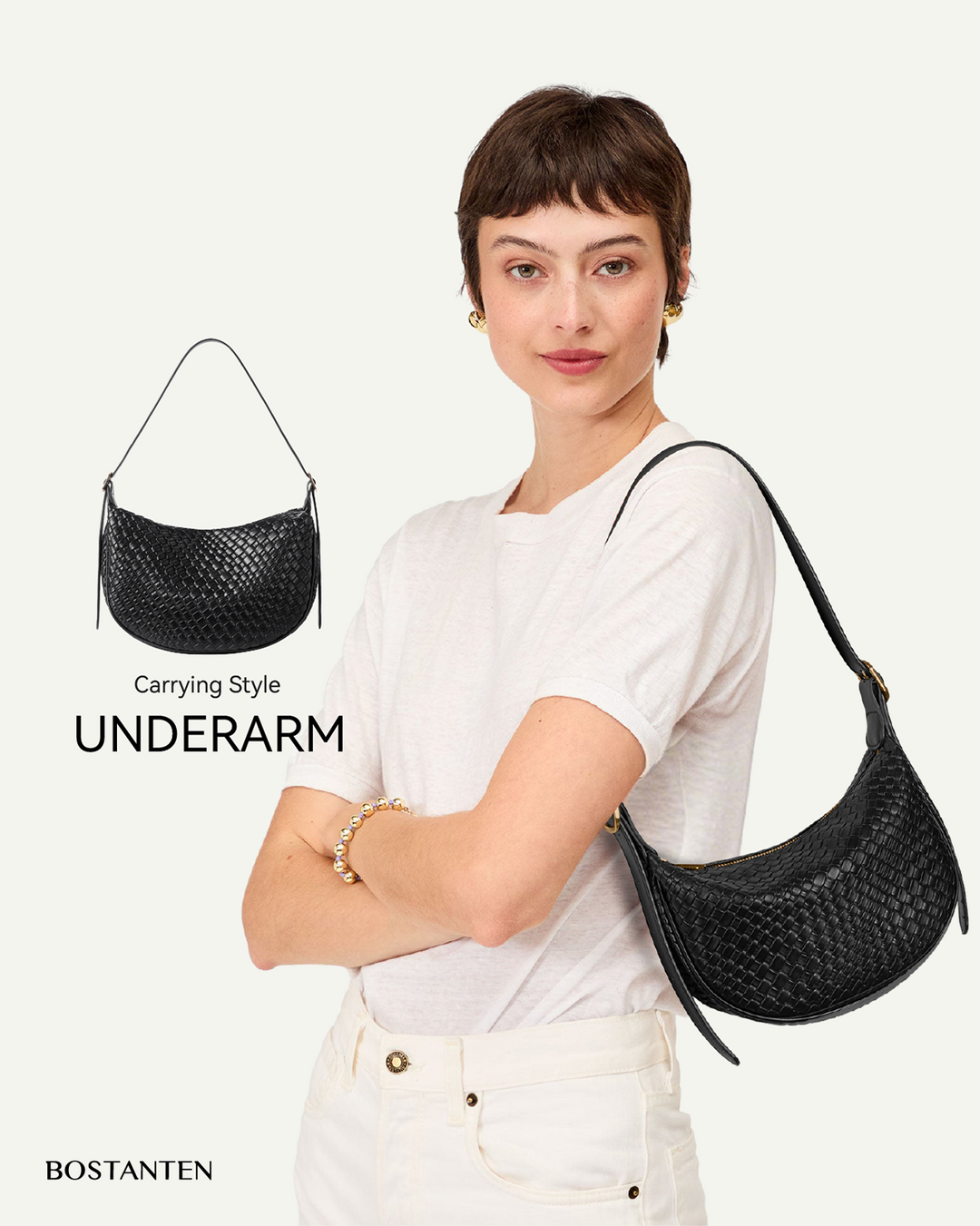 KWELI Woven Leather Half Moon Shoulder Bag