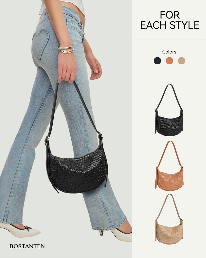 KWELI Woven Leather Half Moon Shoulder Bag