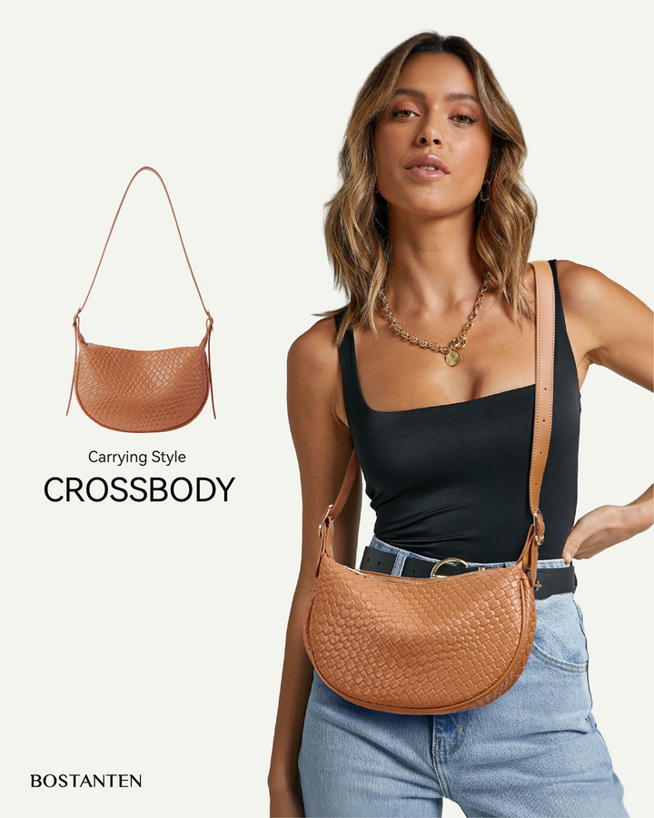 KWELI Woven Leather Half Moon Shoulder Bag