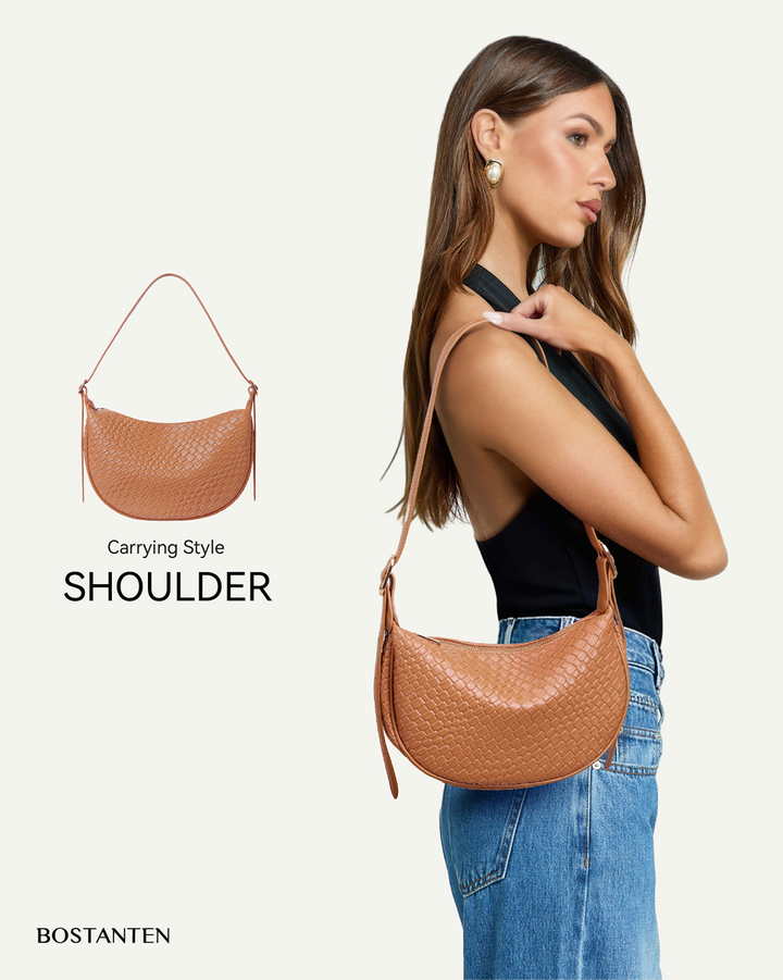 KWELI Woven Leather Half Moon Shoulder Bag