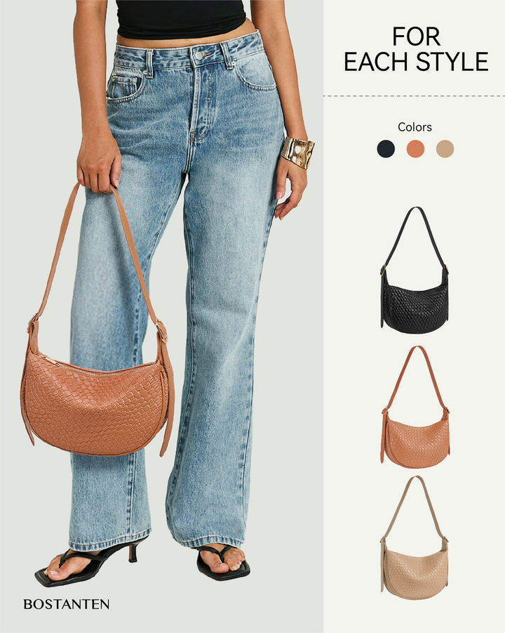 KWELI Woven Leather Half Moon Shoulder Bag