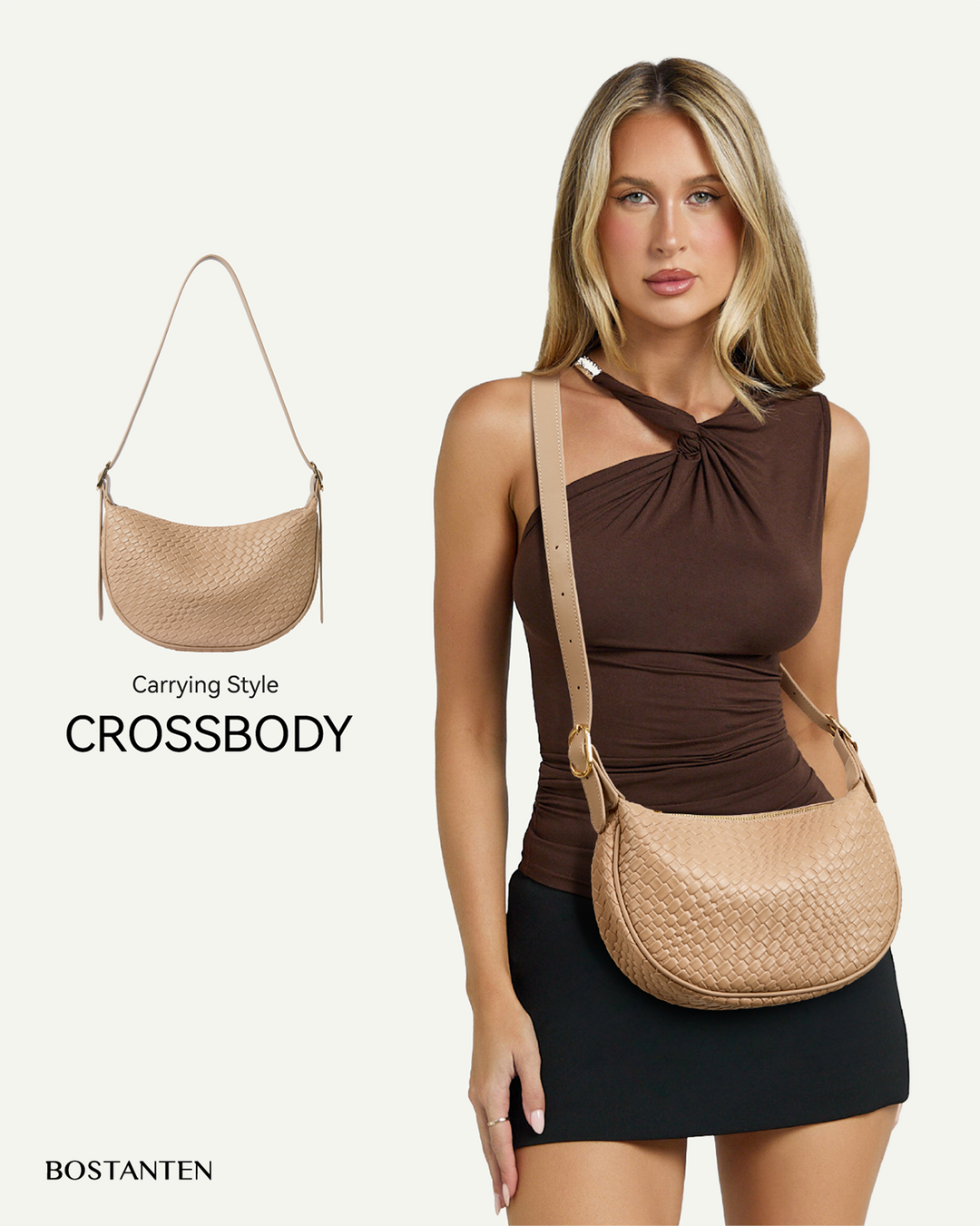 KWELI Woven Leather Half Moon Shoulder Bag