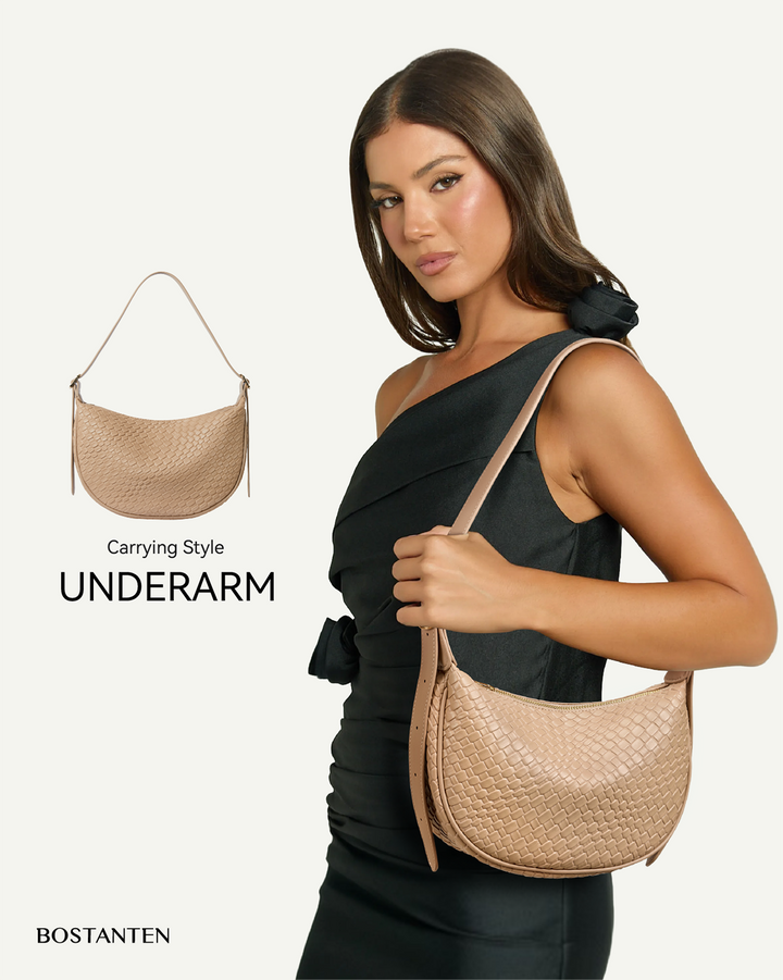 KWELI Woven Leather Half Moon Shoulder Bag
