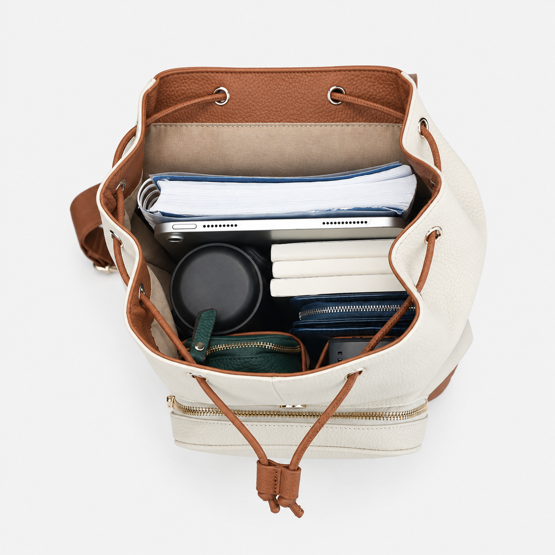 Pebbled Leather Flap Drawstring Backpack - Fits 11" iPad