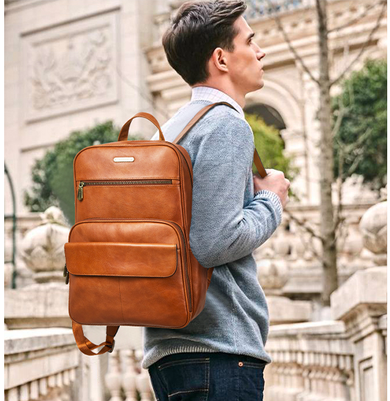 Schmaler 15,6-Zoll-Laptop-Rucksack aus braunem Leder 
