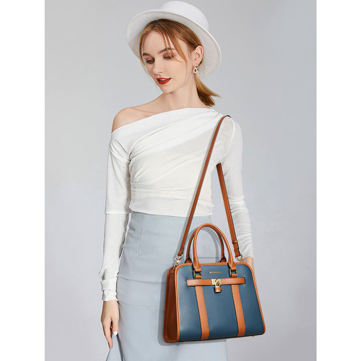 BOSTANTEN Women Leather Handbags Designer Satchel Purses Two-Tone Top Handle Work Shoulder Tote Bags - BOSTANTEN