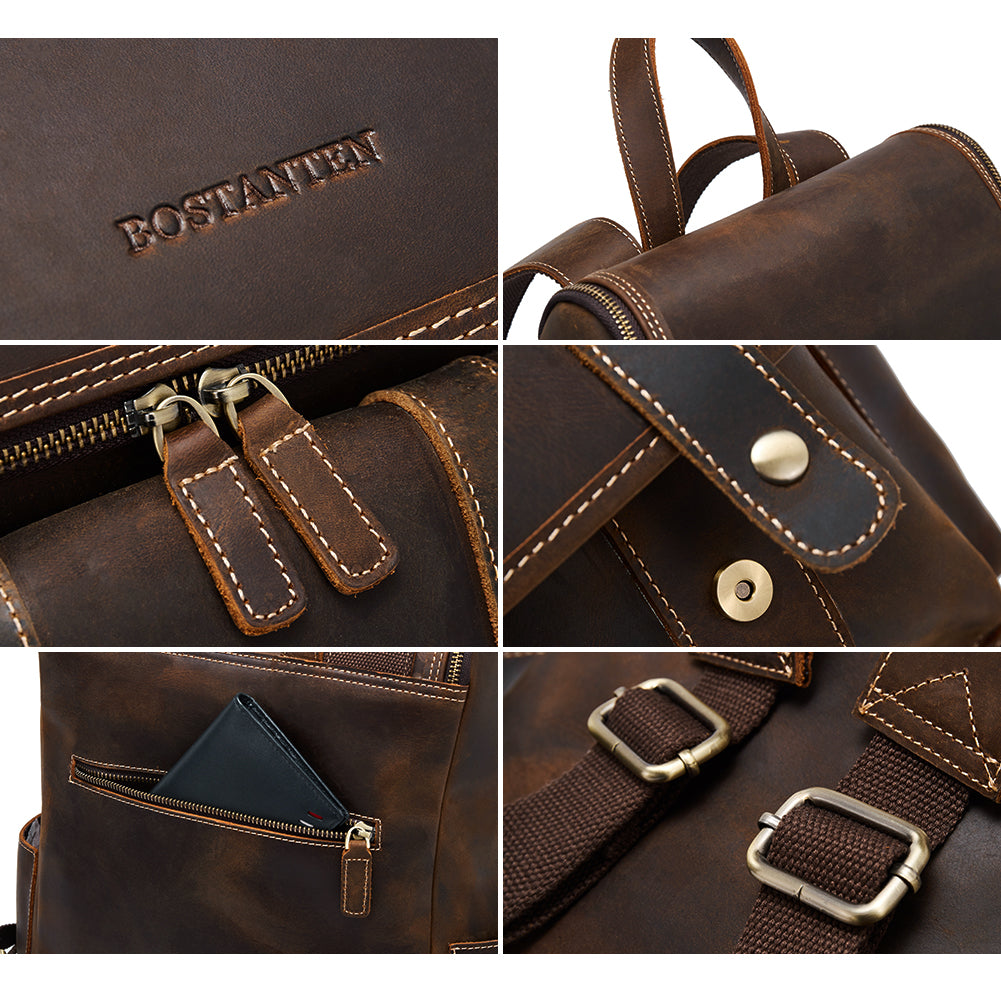 BOSTANTEN Leather Backpack 15.6 inch Laptop Backpack Vintage Travel Office Bag Large Capacity School Shoulder Bag - BOSTANTEN