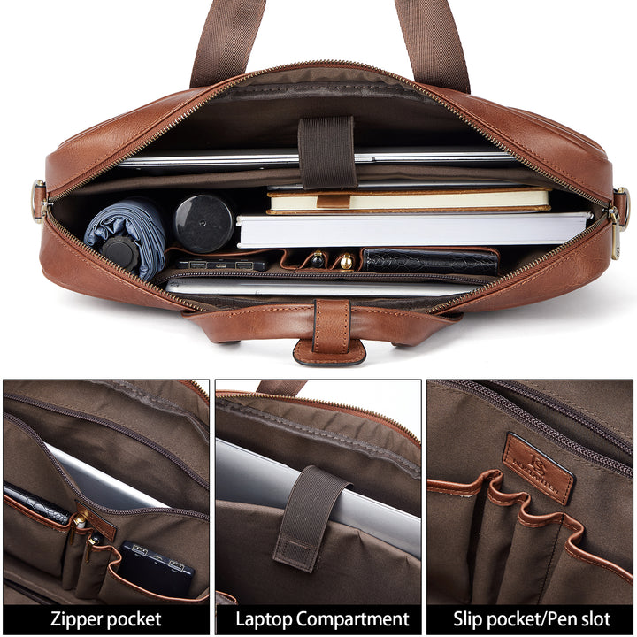 Soft Leather Briefcase with Shoulder Strap for 15.6 inch Laptop - Perfect for Men