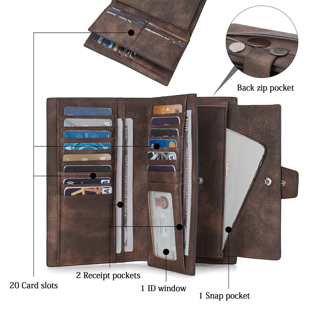 BOSTANTEN Womens Wallet Leather Wallets Large Capacity Cash Cluth Purses Coffee Rough Grain - BOSTANTEN