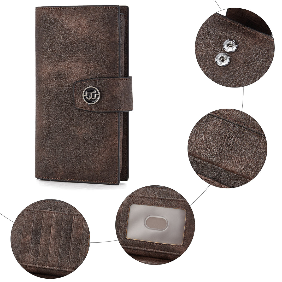BOSTANTEN Womens Wallet Leather Wallets Large Capacity Cash Cluth Purses Coffee Rough Grain - BOSTANTEN