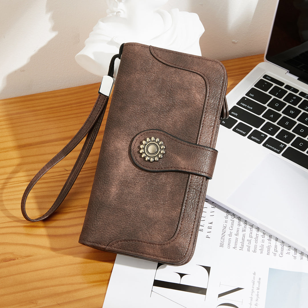 Lomy Sunflower Clasp Large Leather Wristlet Clutch For Women