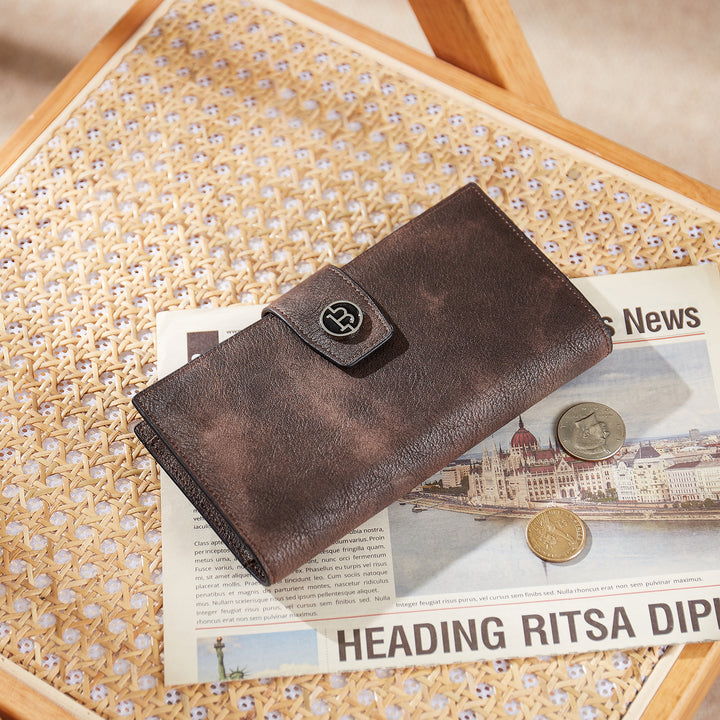 BOSTANTEN Womens Wallet Leather Wallets Large Capacity Cash Cluth Purses Coffee Rough Grain - BOSTANTEN