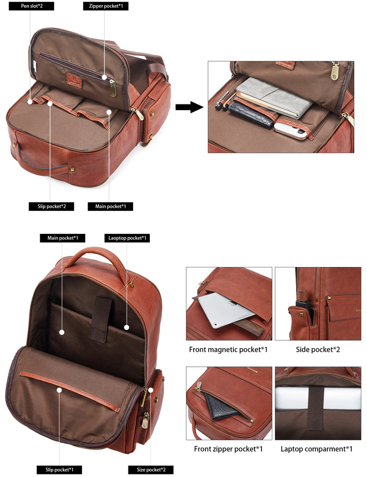 Klassischer Herren-Rucksack aus Leder mit mehreren Taschen für die Arbeit 
