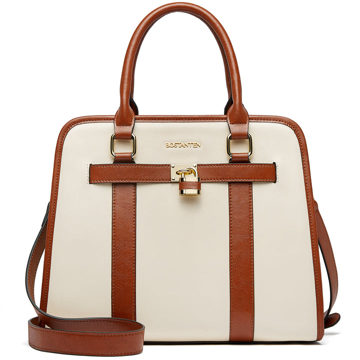 BOSTANTEN Women Leather Handbags Designer Satchel Purses Two-Tone Top Handle Work Shoulder Tote Bags - BOSTANTEN