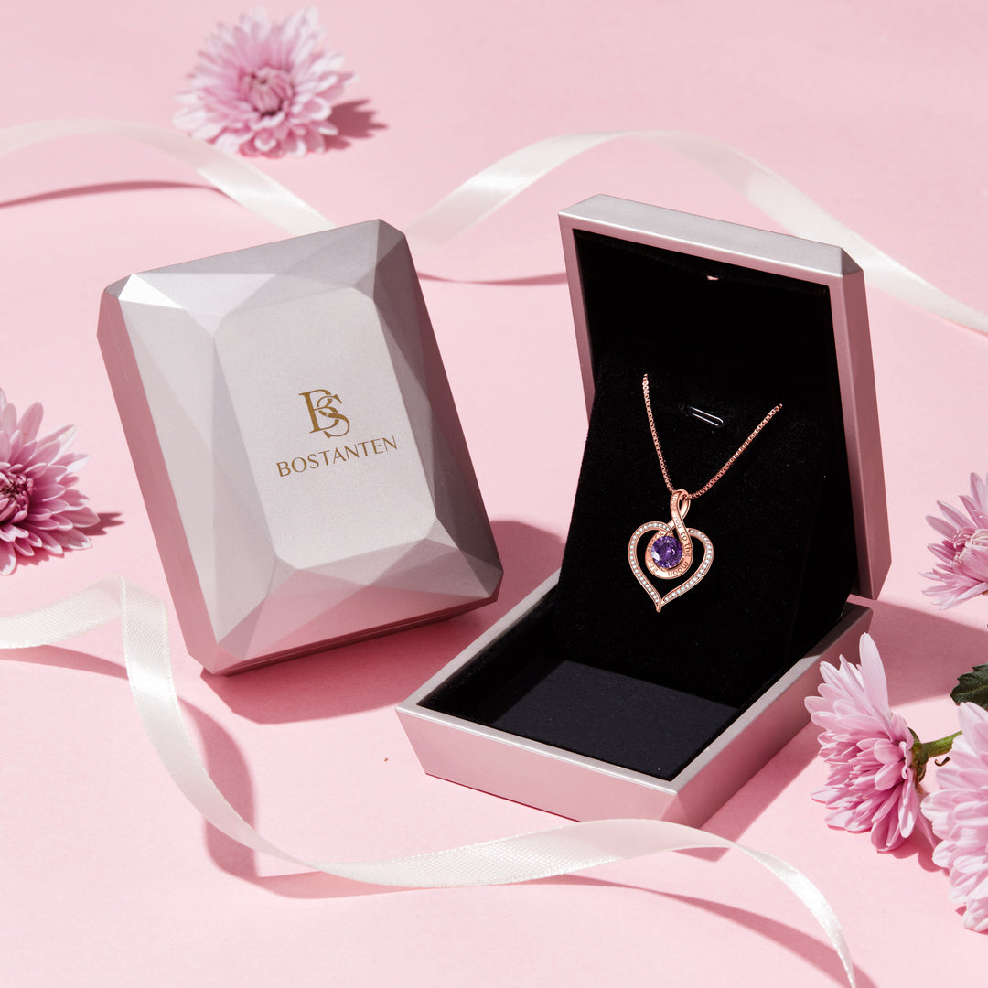 BOSTANTEN Love Heart Pendant Necklaces for Women Silver Rose Gold Tone Crystal Birthstone Birthday Jewelry Gifts for Women, 18"+2" - BOSTANTEN