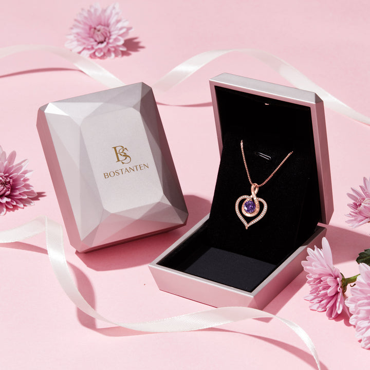 BOSTANTEN Love Heart Pendant Necklaces for Women Silver Rose Gold Tone Crystal Birthstone Birthday Jewelry Gifts for Women, 18"+2" - BOSTANTEN