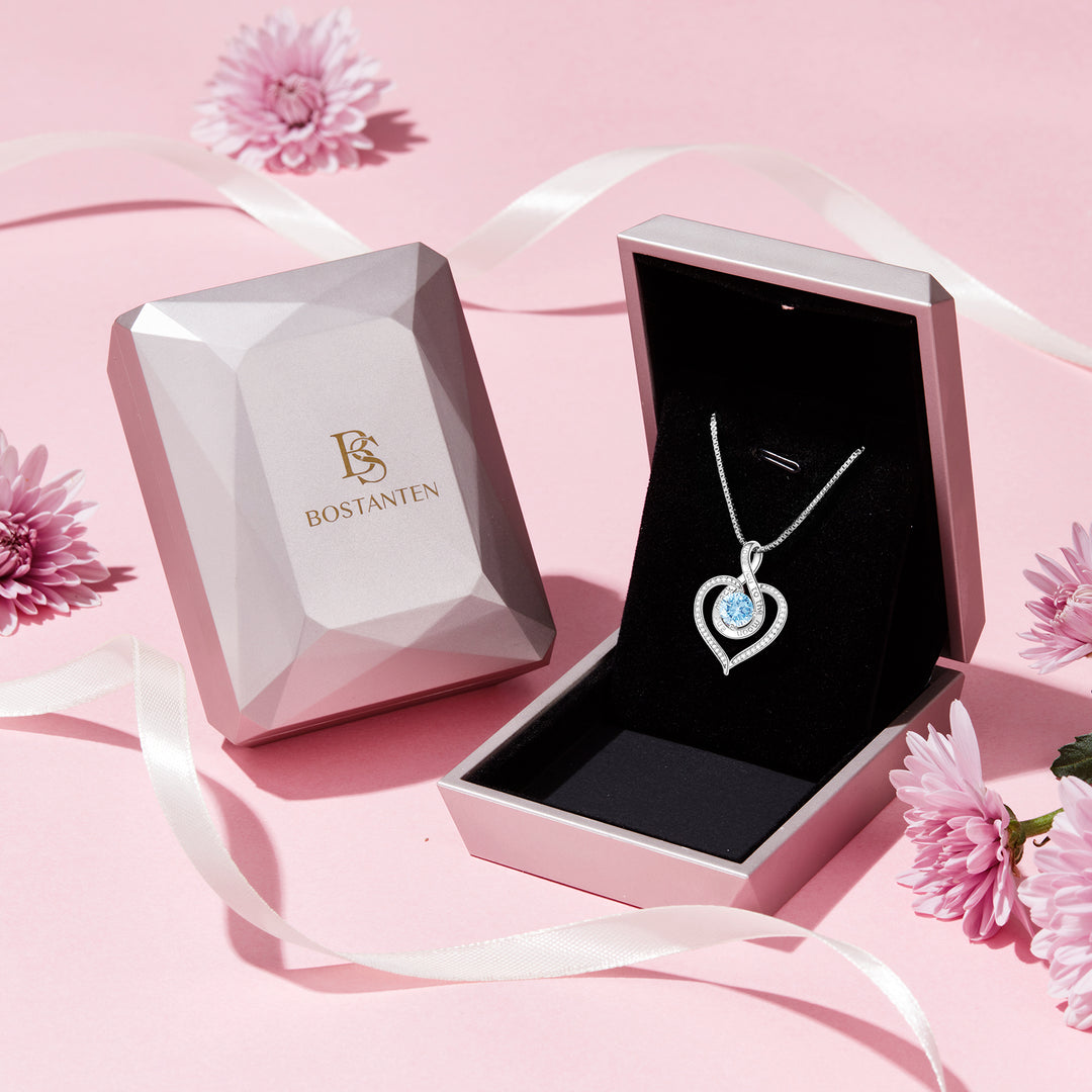 BOSTANTEN Love Heart Pendant Necklaces for Women Silver Rose Gold Tone Crystal Birthstone Birthday Jewelry Gifts for Women, 18"+2" - BOSTANTEN