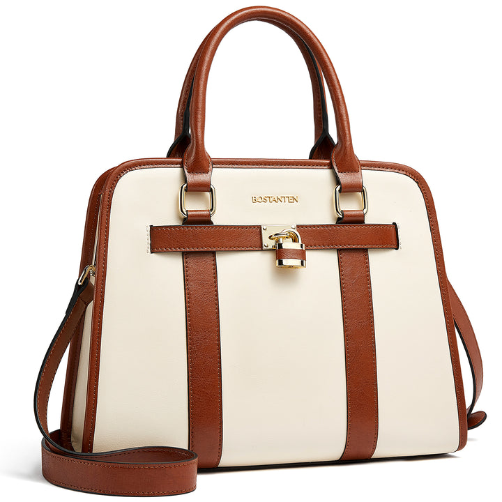 BOSTANTEN Women Leather Handbags Designer Satchel Purses Two-Tone Top Handle Work Shoulder Tote Bags - BOSTANTEN