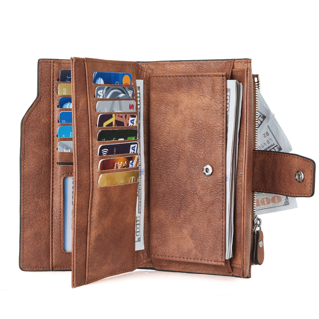 BOSTANTEN Womens Wallet Leather Wallets Large Capacity Cash Cluth Purses Coffee Rough Grain - BOSTANTEN