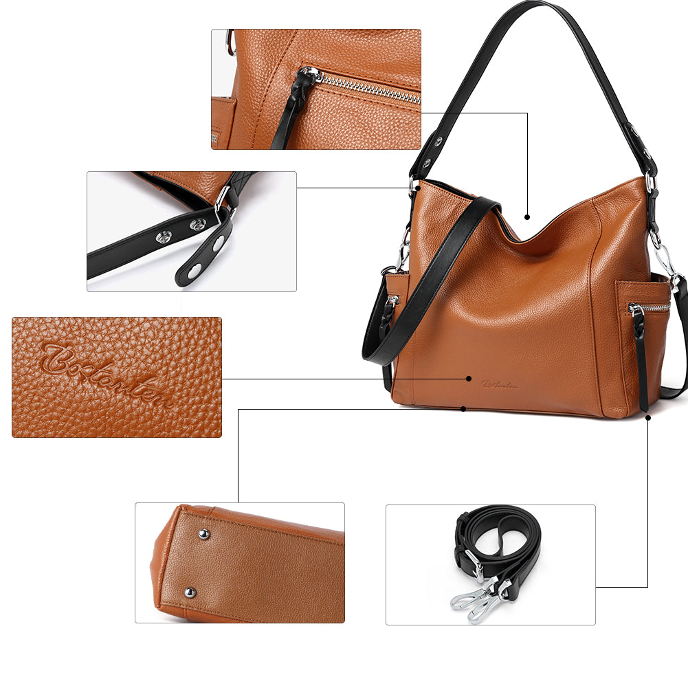 BOSTANTEN Women Leather Convertible Hobo Purse With Side Zipper Pocket - BOSTANTEN