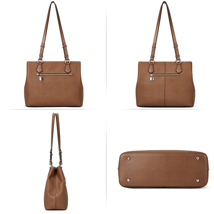 Nevin Structured Leather Shoulder Tote Bag - Front Zipper Pocket