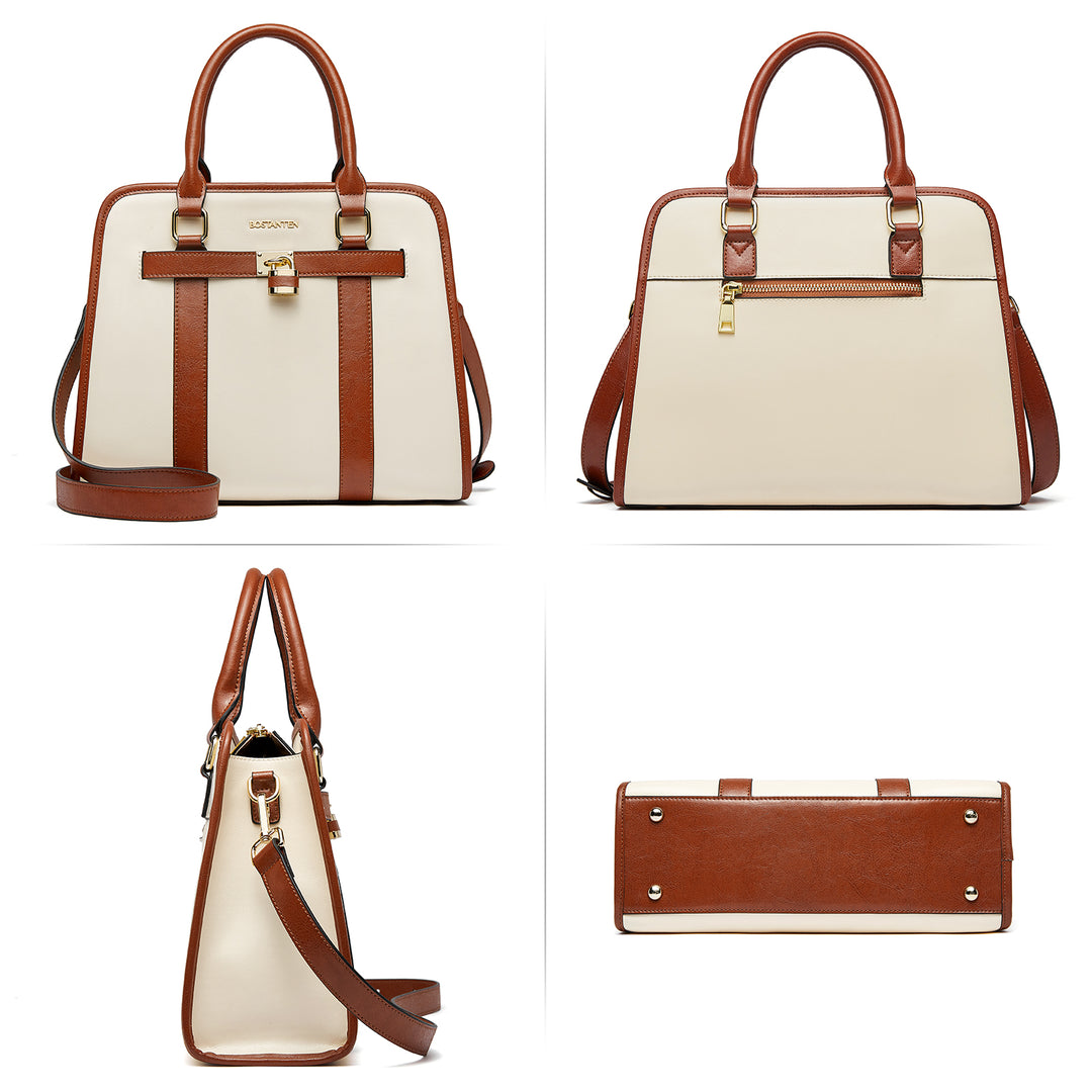 BOSTANTEN Women Leather Handbags Designer Satchel Purses Two-Tone Top Handle Work Shoulder Tote Bags - BOSTANTEN