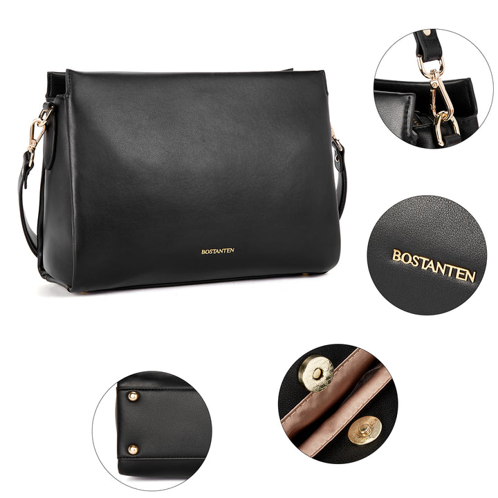 BOSTANTEN Women Leather Purses Handbags Designer Satchel Bag Shoulder Top Handle Tote Bags Triple Compartment - BOSTANTEN