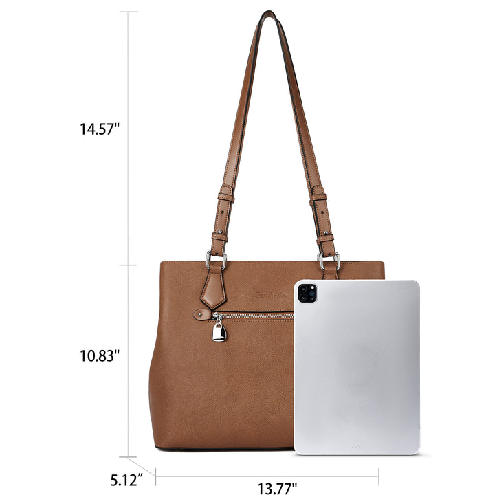 Nevin Structured Leather Shoulder Tote Bag - Front Zipper Pocket