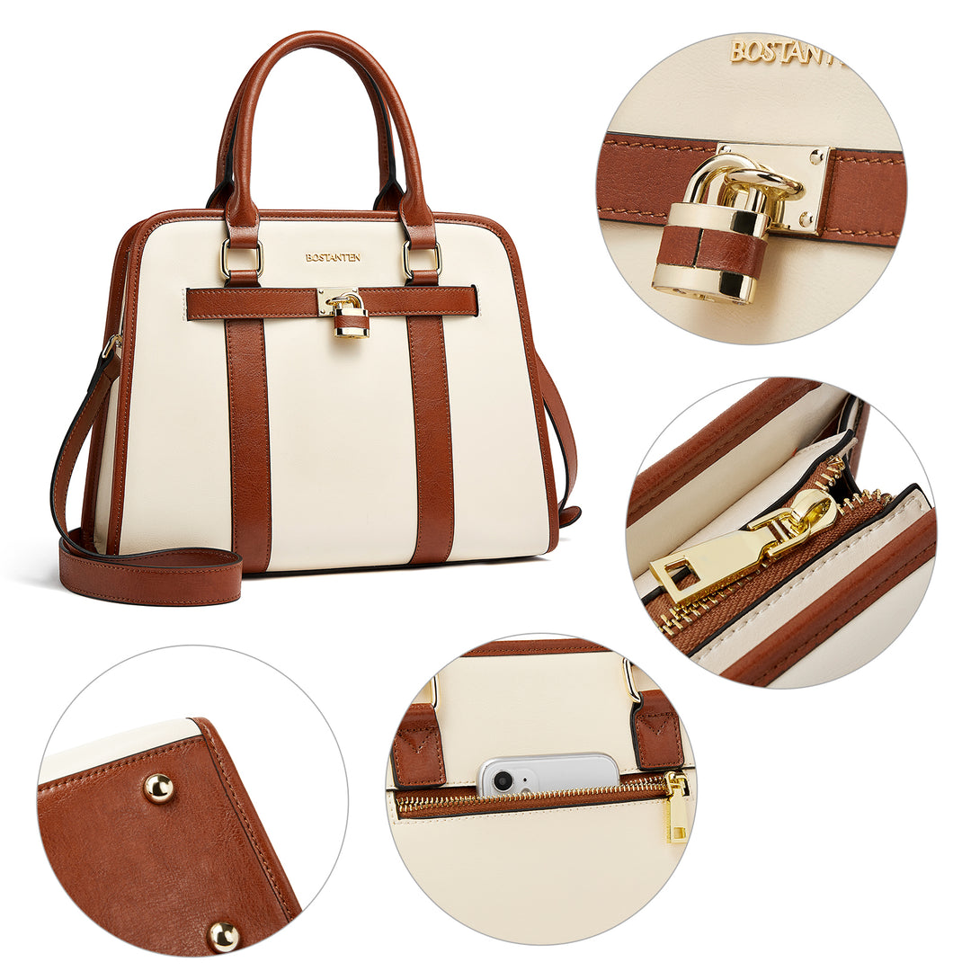 BOSTANTEN Women Leather Handbags Designer Satchel Purses Two-Tone Top Handle Work Shoulder Tote Bags - BOSTANTEN