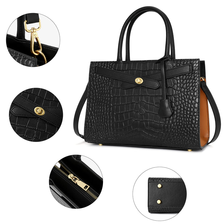 BOSTANTEN Leather Handbags for Women Fashion Satchel Purses Top Handle Tote Work Shoulder Bags Crocodile Pattern - BOSTANTEN